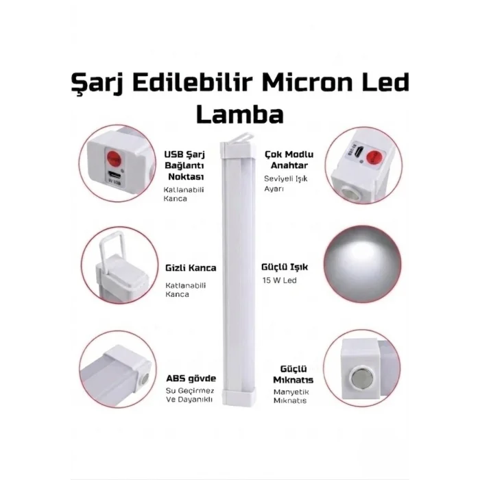 USB Şarjlı 3 Modlu Mıknatıslı otel-yurt-ev-kamp Feneri LED Şarjlı Işıldak 15 W 52 cm