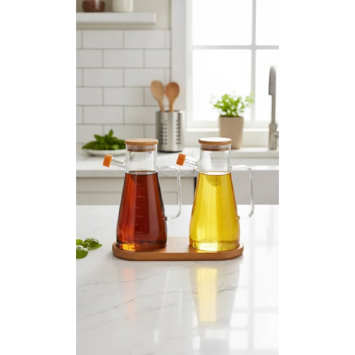 Bambu Kapaklı Vakumlu Borosilikat 3lü Set Cam yağdanlık set Yağlık Sirkelik Bambu Altlık