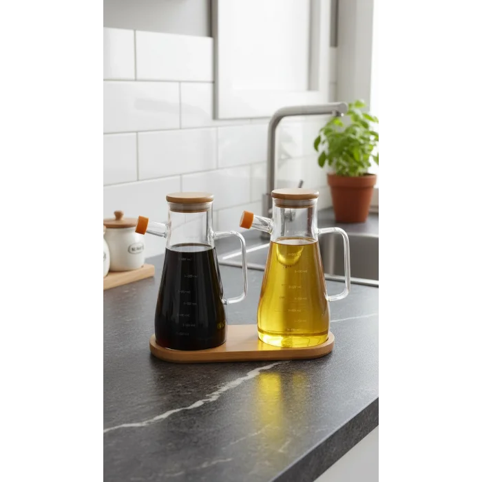 Bambu Kapaklı Vakumlu Borosilikat 3lü Set Cam yağdanlık set Yağlık Sirkelik Bambu Altlık