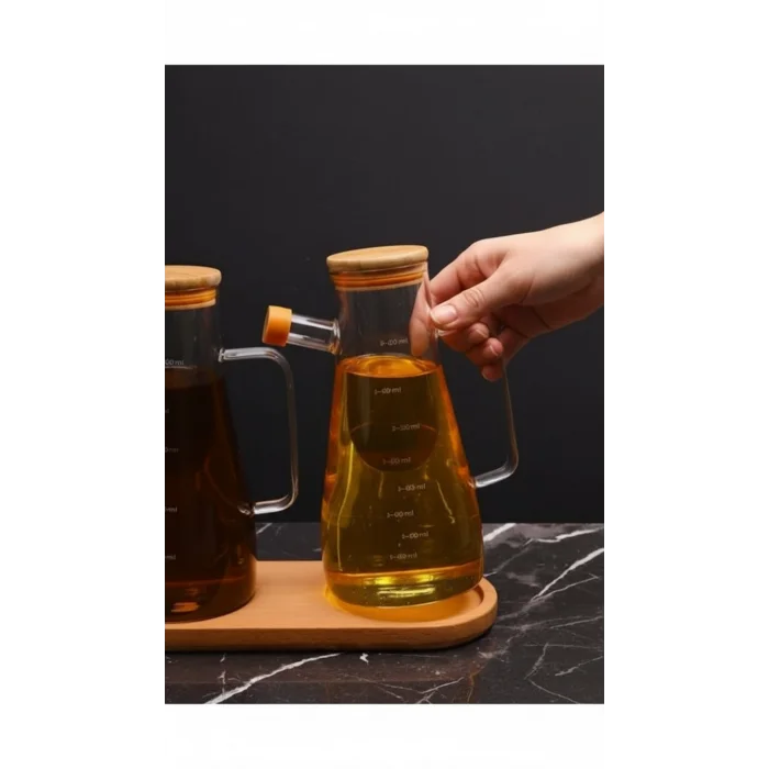 Bambu Kapaklı Vakumlu Borosilikat 3lü Set Cam yağdanlık set Yağlık Sirkelik Bambu Altlık