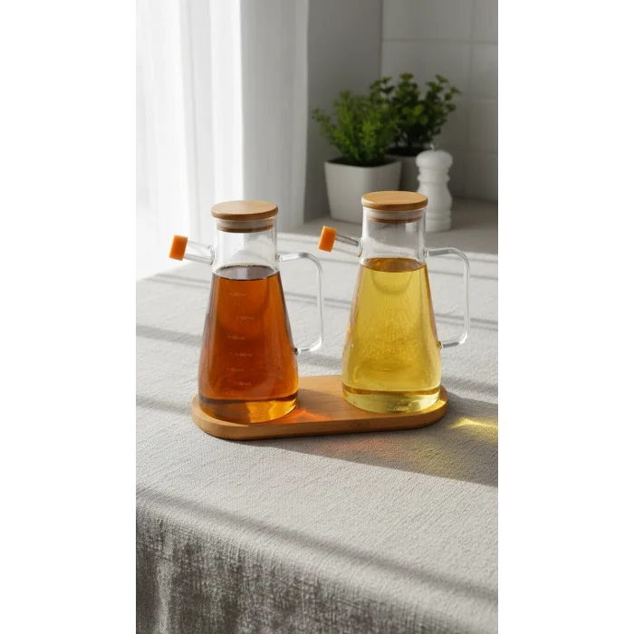 Bambu Kapaklı Vakumlu Borosilikat 3lü Set Cam yağdanlık set Yağlık Sirkelik Bambu Altlık