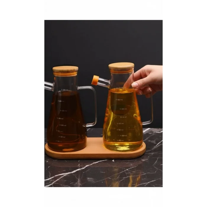 Bambu Kapaklı Vakumlu Borosilikat 3lü Set Cam yağdanlık set Yağlık Sirkelik Bambu Altlık