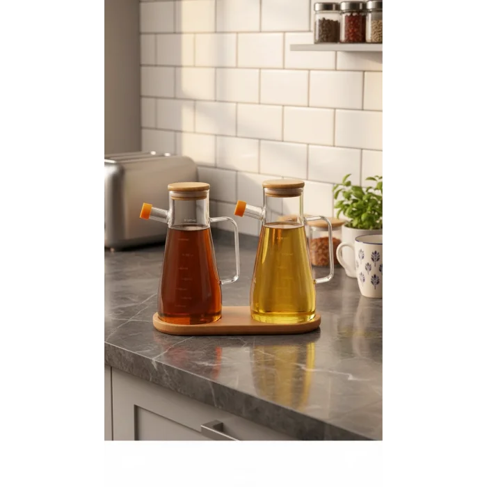 Bambu Kapaklı Vakumlu Borosilikat 3lü Set Cam yağdanlık set Yağlık Sirkelik Bambu Altlık