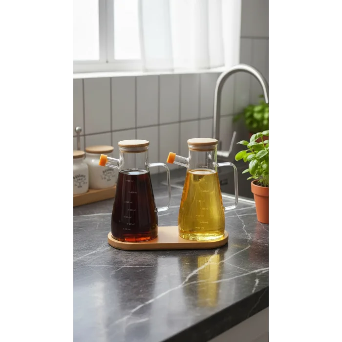 Bambu Kapaklı Vakumlu Borosilikat 3lü Set Cam yağdanlık set Yağlık Sirkelik Bambu Altlık