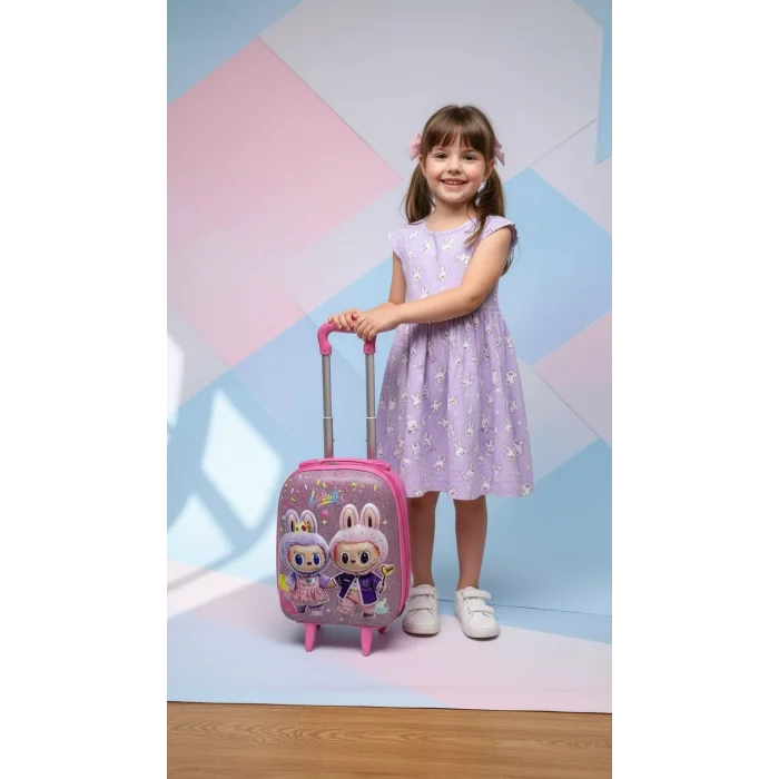 Karakterli Kız Çocuk Pembe Kabin Boy Çekçekli Valiz