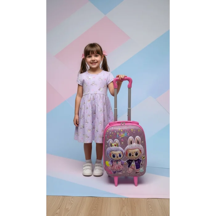 Karakterli Kız Çocuk Pembe Kabin Boy Çekçekli Valiz