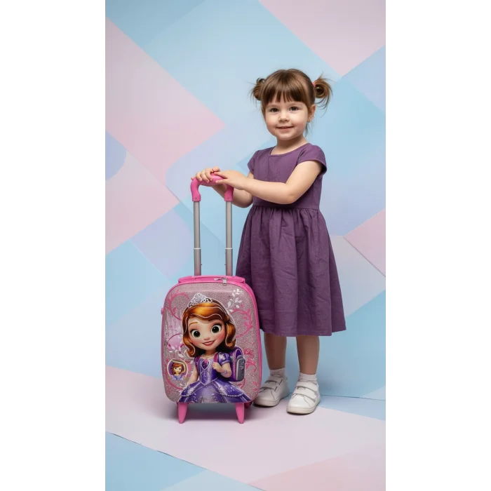 Karakterli Kız Çocuk Pembe Kabin Boy Çekçekli Valiz