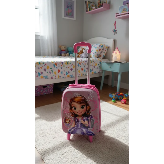 Karakterli Kız Çocuk Pembe Kabin Boy Çekçekli Valiz