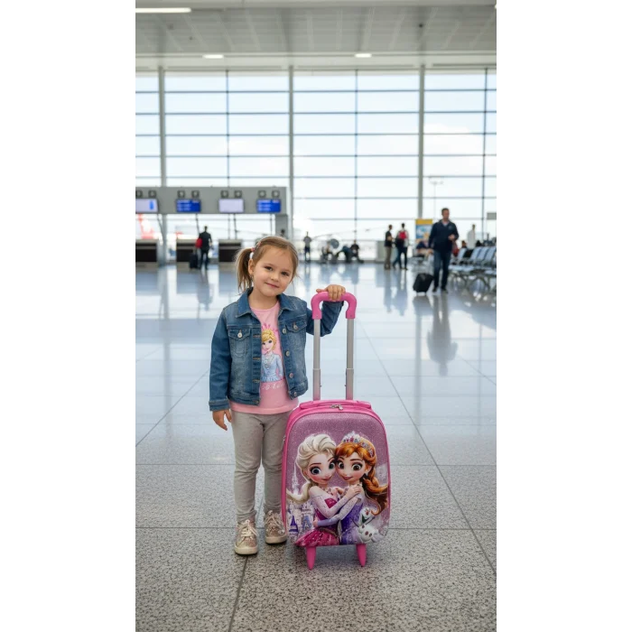 Karakterli Kız Çocuk Pembe Kabin Boy Çekçekli Valiz