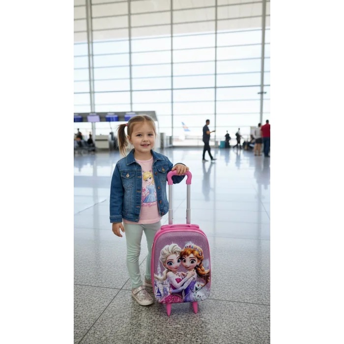 Karakterli Kız Çocuk Pembe Kabin Boy Çekçekli Valiz