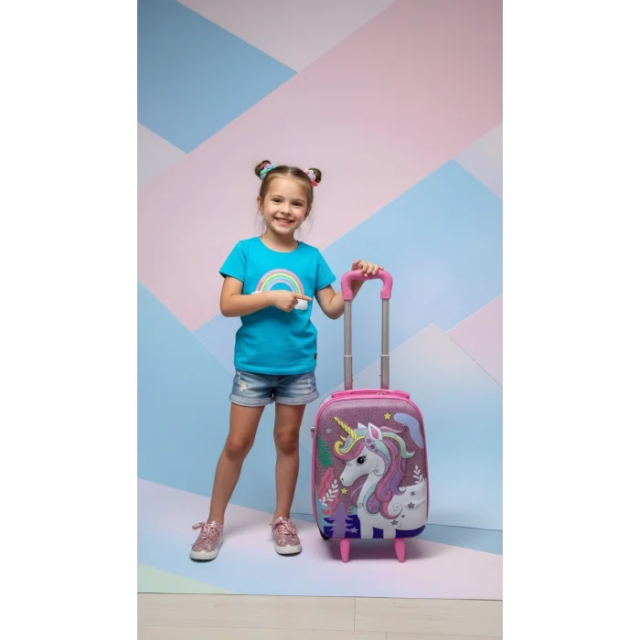 Karakterli Kız Çocuk Pembe Kabin Boy Çekçekli Valiz