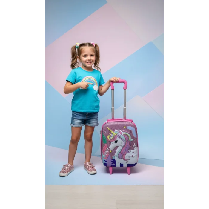 Karakterli Kız Çocuk Pembe Kabin Boy Çekçekli Valiz