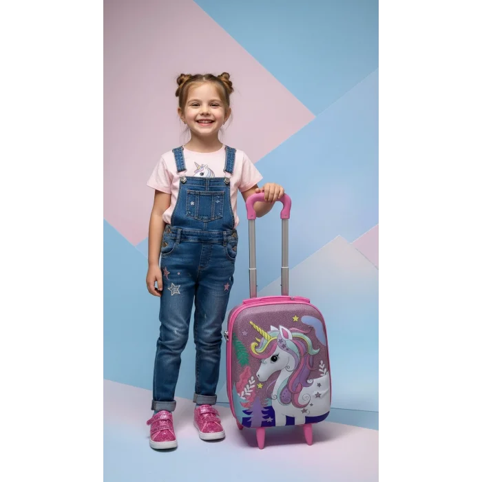 Karakterli Kız Çocuk Pembe Kabin Boy Çekçekli Valiz