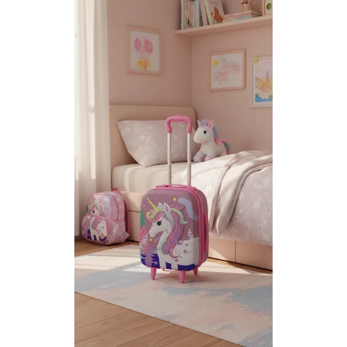 Karakterli Kız Çocuk Pembe Kabin Boy Çekçekli Valiz