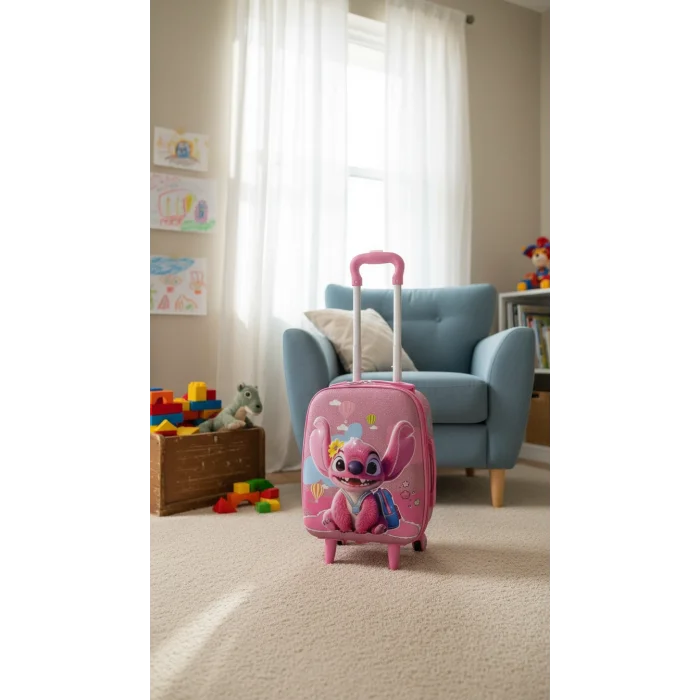 Karakterli Kız Çocuk Pembe Kabin Boy Çekçekli Valiz