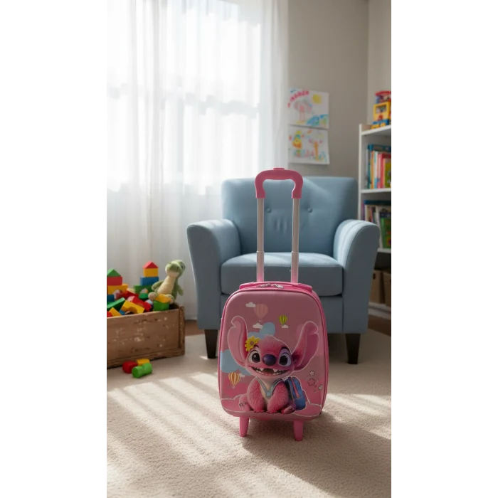 Karakterli Kız Çocuk Pembe Kabin Boy Çekçekli Valiz