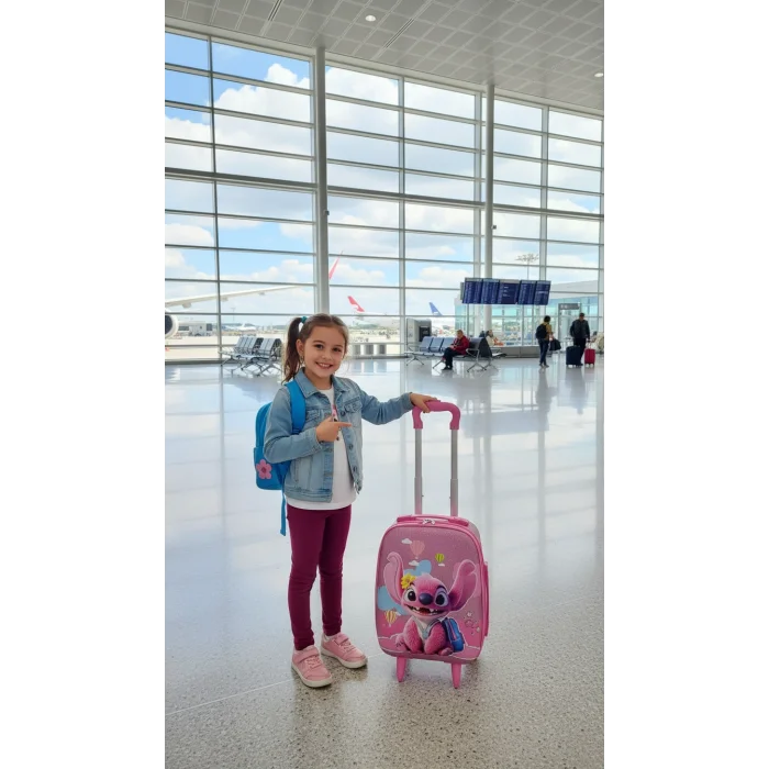 Karakterli Kız Çocuk Pembe Kabin Boy Çekçekli Valiz