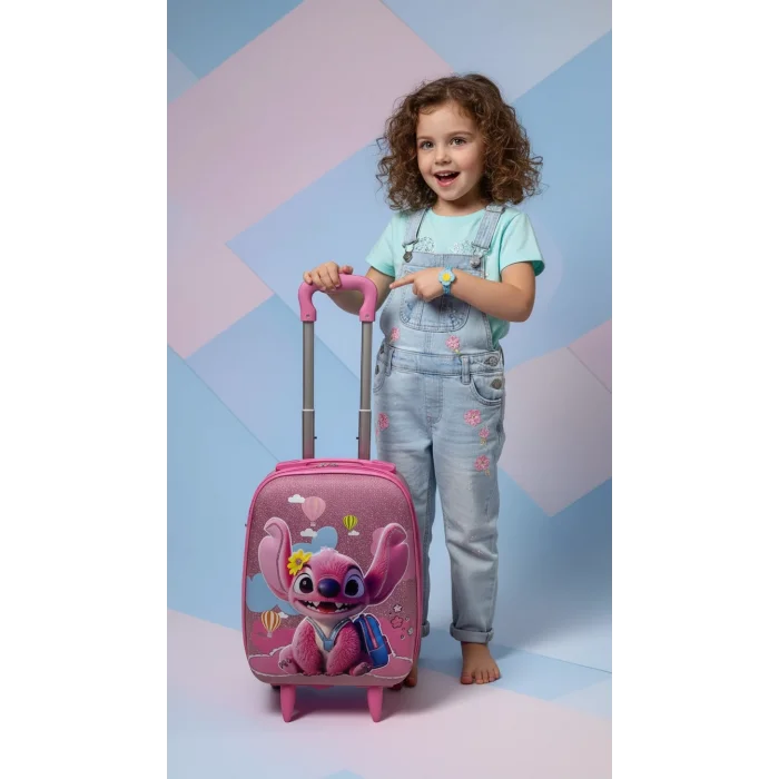 Karakterli Kız Çocuk Pembe Kabin Boy Çekçekli Valiz