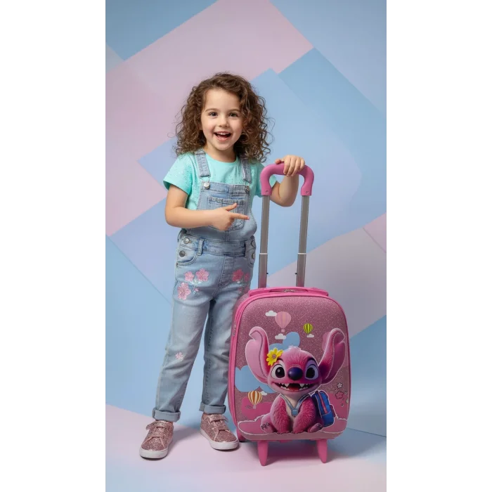 Karakterli Kız Çocuk Pembe Kabin Boy Çekçekli Valiz