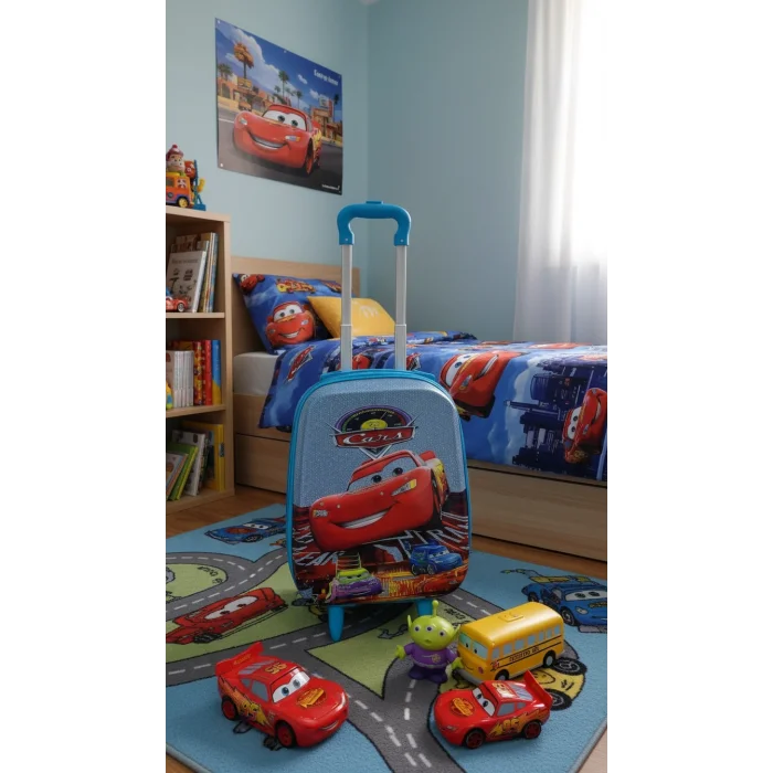 Cars Karakterli Erkek Çocuk Mavi Kabin Boy Çekçekli Valiz