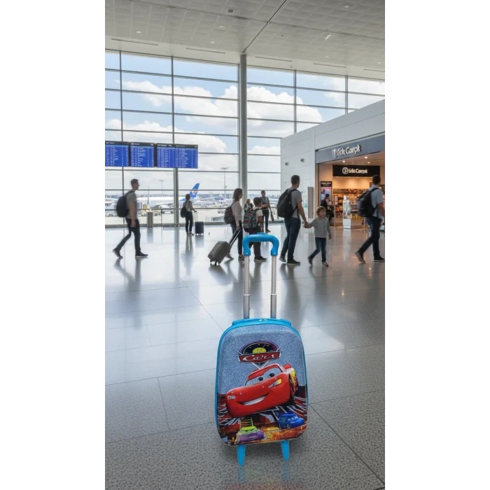 Cars Karakterli Erkek Çocuk Mavi Kabin Boy Çekçekli Valiz