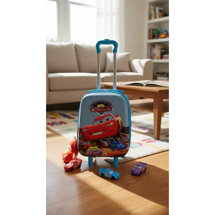Cars Karakterli Erkek Çocuk Mavi Kabin Boy Çekçekli Valiz