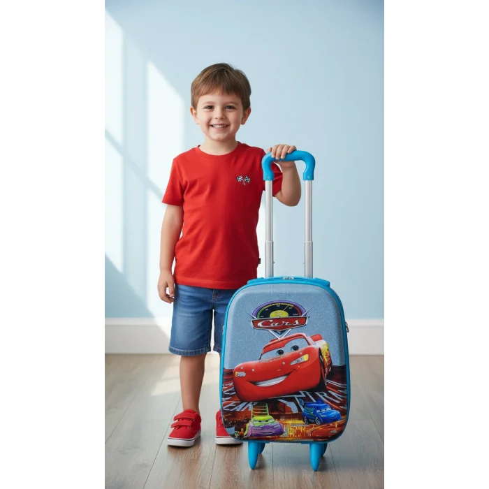 Cars Karakterli Erkek Çocuk Mavi Kabin Boy Çekçekli Valiz