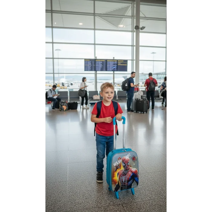 Man Karakterli Erkek Çocuk Mavi Kabin Boy Çekçekli Valiz