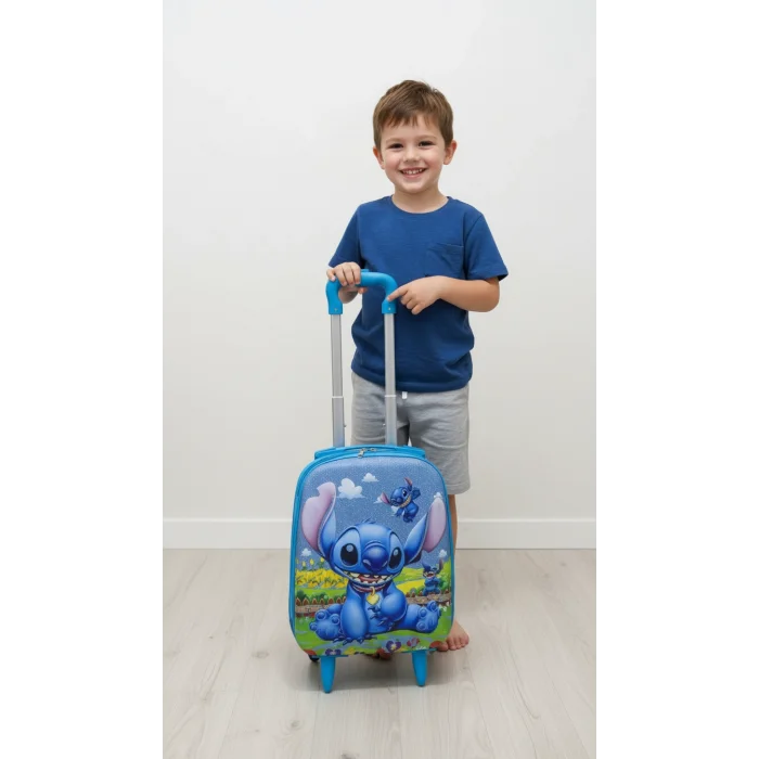 Desenli Parlak Mavi Çocuk Valizi - Erkek ve Kız Çocuk Çekçekli Bavul