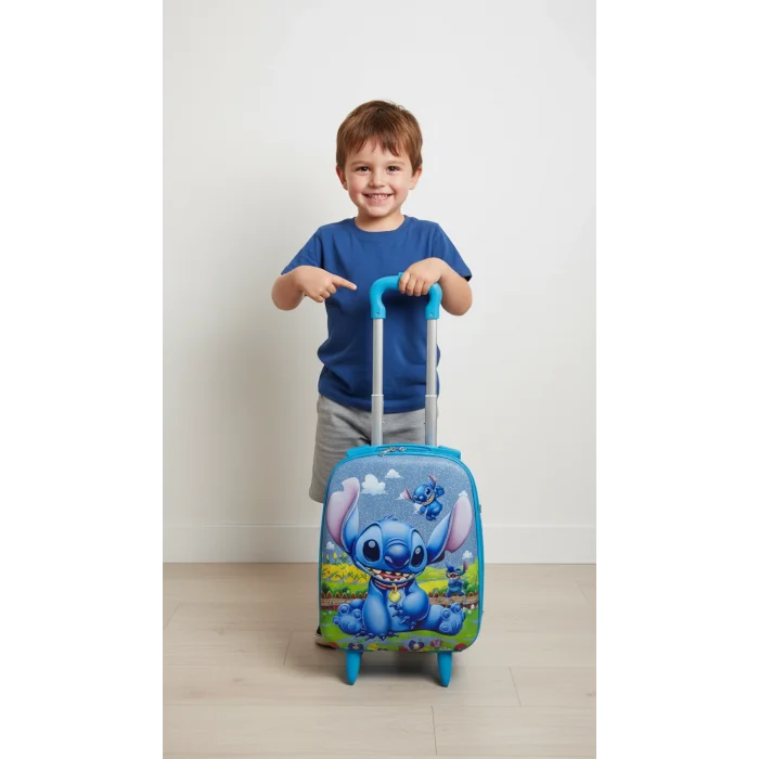 Desenli Parlak Mavi Çocuk Valizi - Erkek ve Kız Çocuk Çekçekli Bavul