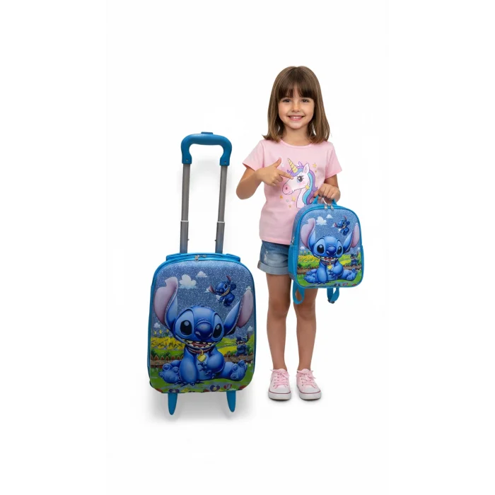 Desenli Parlak Mavi Çocuk Valizi - Erkek ve Kız Çocuk Çekçekli Bavul