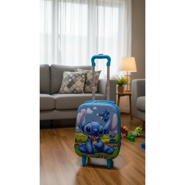 Desenli Parlak Mavi Çocuk Valizi - Erkek ve Kız Çocuk Çekçekli Bavul