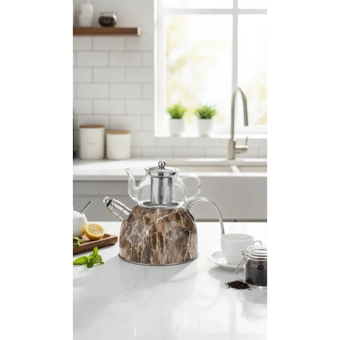 Nisev Mermer Düdüklü Cam Çaydanlık Takımı – Açık Kahve Tasarımı