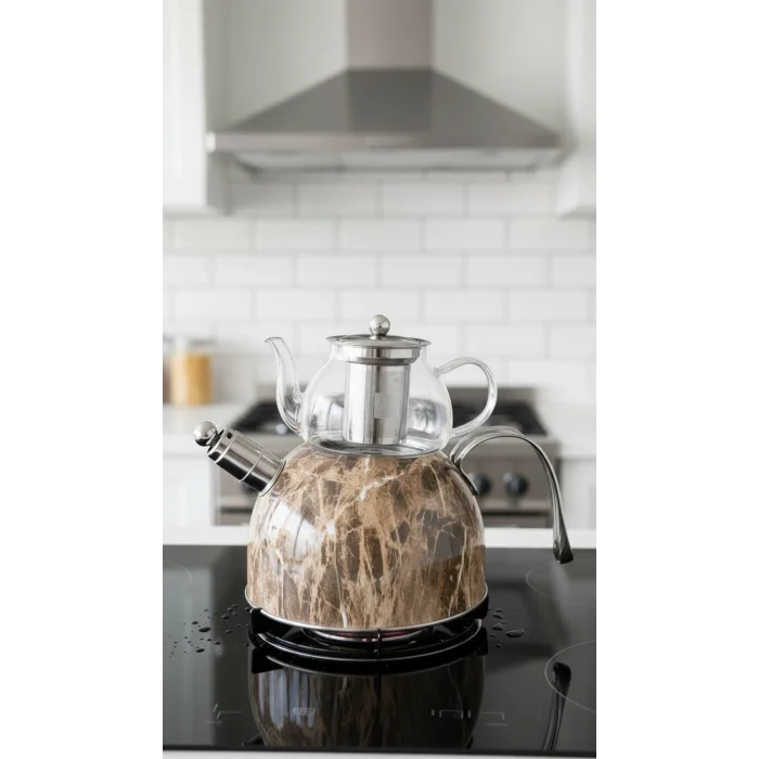 Nisev Mermer Düdüklü Cam Çaydanlık Takımı – Açık Kahve Tasarımı