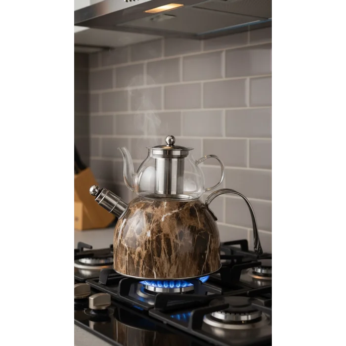 Nisev Mermer Düdüklü Cam Çaydanlık Takımı – Açık Kahve Tasarımı