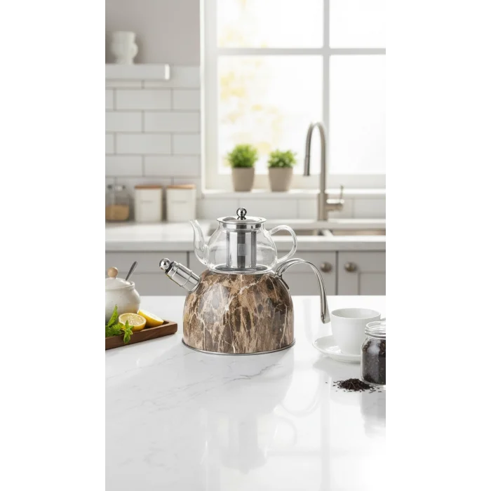 Nisev Mermer Düdüklü Cam Çaydanlık Takımı – Açık Kahve Tasarımı