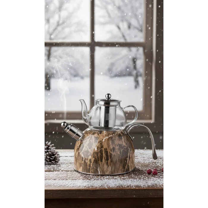 Nisev Mermer Düdüklü Cam Çaydanlık Takımı – Açık Kahve Tasarımı