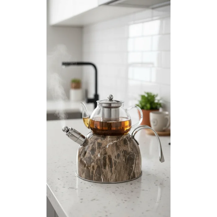Nisev Mermer Düdüklü Cam Çaydanlık Takımı – Açık Kahve Tasarımı