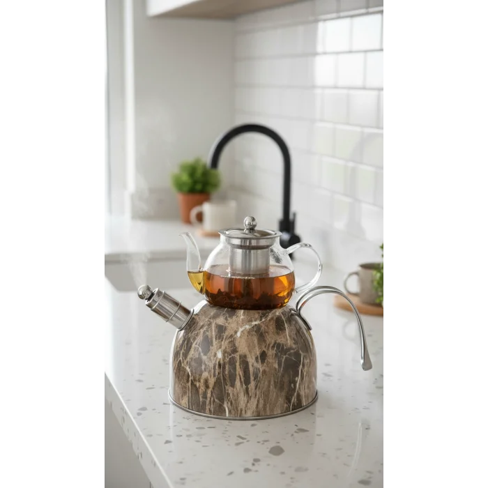 Nisev Mermer Düdüklü Cam Çaydanlık Takımı – Açık Kahve Tasarımı