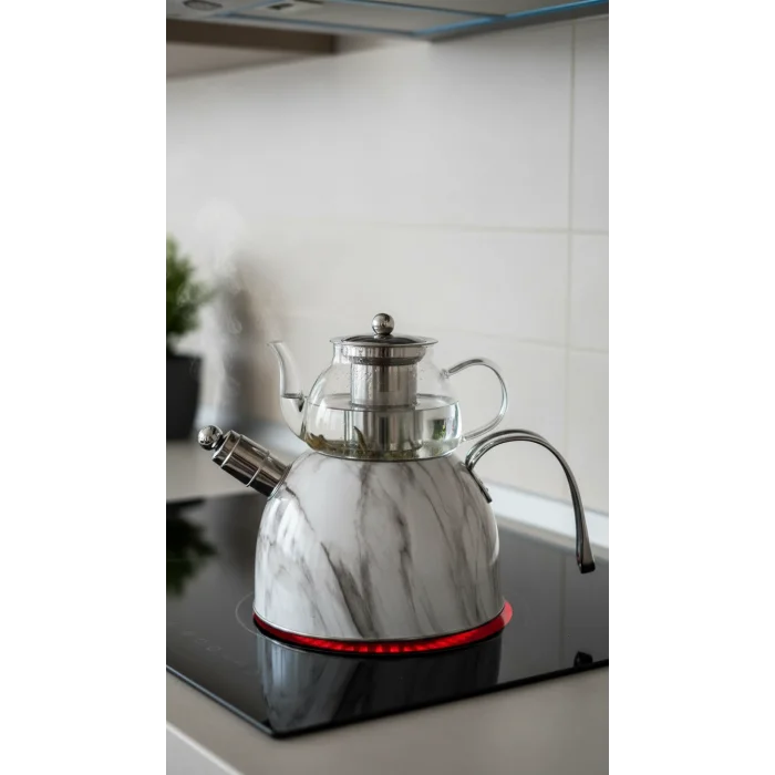 Nisev Mermer Düdüklü Çelik Cam Çaydanlık Takımı Beyaz