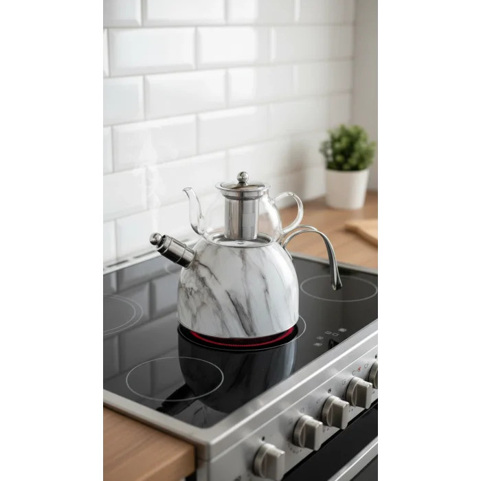 Nisev Mermer Düdüklü Çelik Cam Çaydanlık Takımı Beyaz