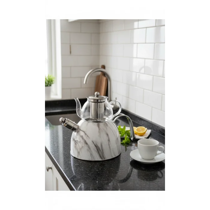 Nisev Mermer Düdüklü Çelik Cam Çaydanlık Takımı Beyaz