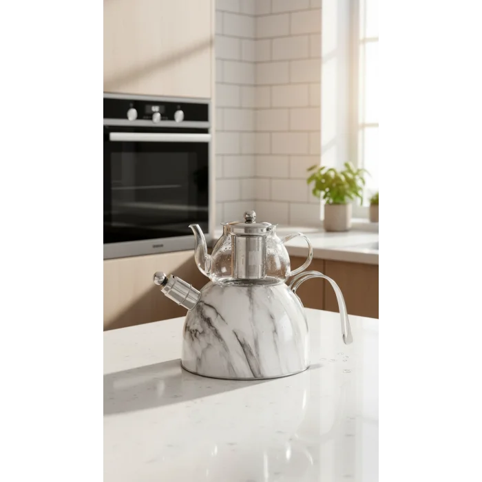 Nisev Mermer Düdüklü Çelik Cam Çaydanlık Takımı Beyaz