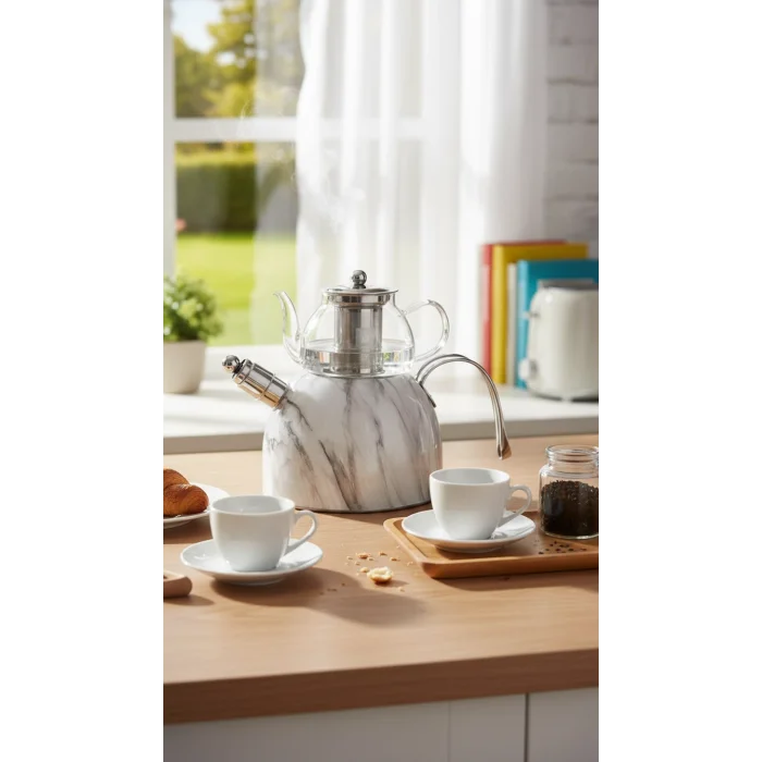 Nisev Mermer Düdüklü Çelik Cam Çaydanlık Takımı Beyaz