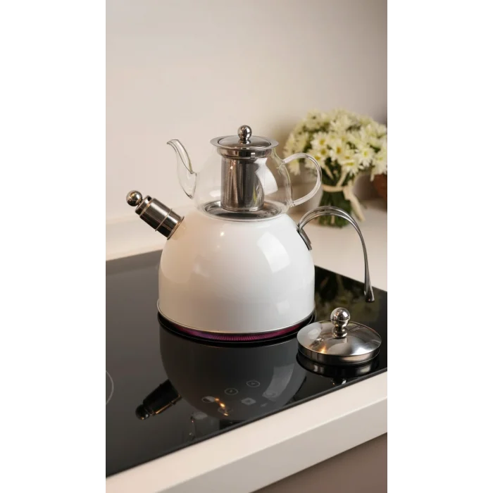 Zeyno Premium Çelik & Cam Çaydanlık Takımı – Düdüklü & Emaye Tasarım