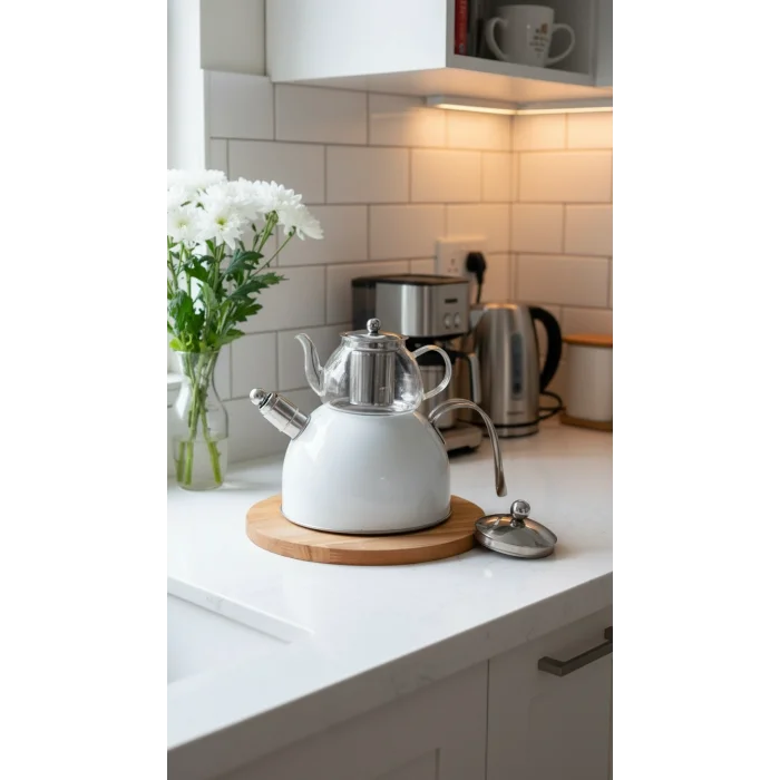 Zeyno Premium Çelik & Cam Çaydanlık Takımı – Düdüklü & Emaye Tasarım