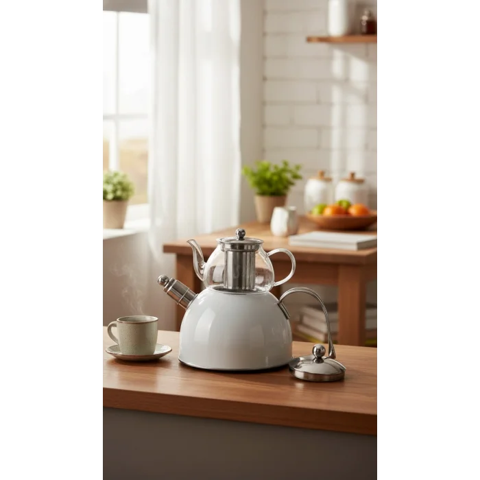 Zeyno Premium Çelik & Cam Çaydanlık Takımı – Düdüklü & Emaye Tasarım