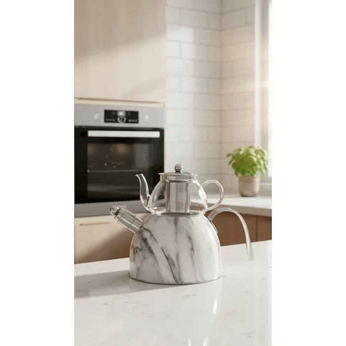 Nisev Mermer Düdüklü Çelik Cam Çaydanlık Takımı – Beyaz, Lüks Çay Deneyimi