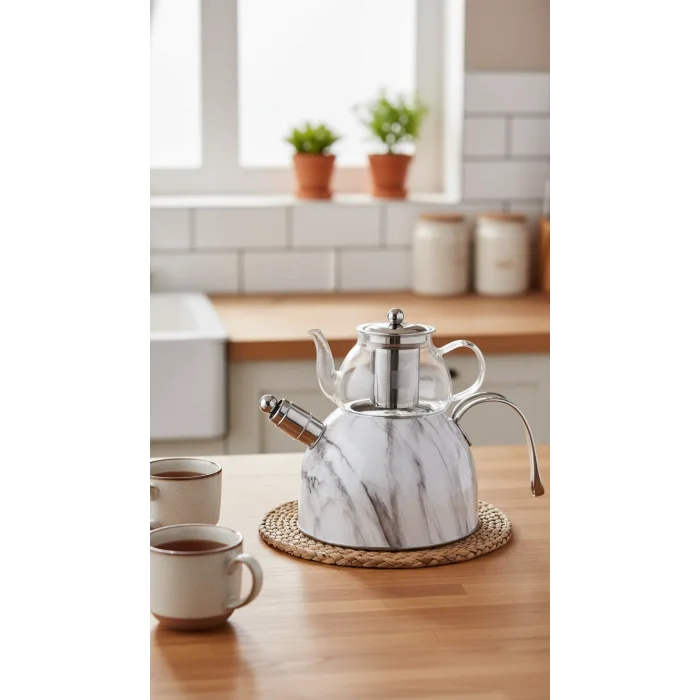 Nisev Mermer Düdüklü Çelik Cam Çaydanlık Takımı – Beyaz, Lüks Çay Deneyimi