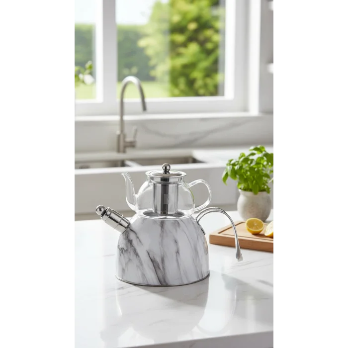 Nisev Mermer Düdüklü Çelik Cam Çaydanlık Takımı – Beyaz, Lüks Çay Deneyimi